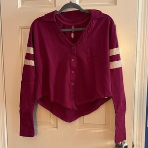 Free People Burgundy Button-Up Shirt with Cream Stripes